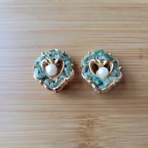 Vintage Green Jade & Pearl Clip On Earrings by Capri Brushed Gold Tone